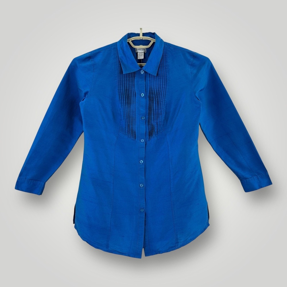 NEW Chicos Silk Shirt Womens‎ Small Blue Button Front Pleated Tunic 3/4 Sleeve